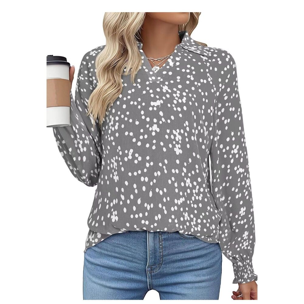 Astylish Women Casual Polka Dot Blouses Smocked Long Sleeve V Neck